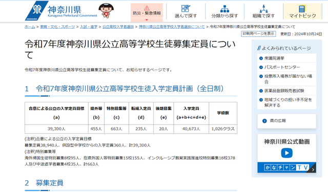 令和7年度神奈川県公立高等学校生徒募集定員について