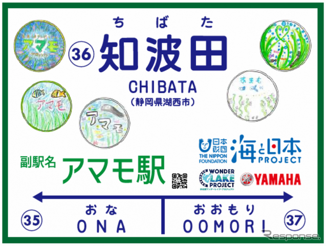 天竜浜名湖鉄道天竜浜名湖線の知波田駅の副駅名「アマモ駅」の駅名看板にロゴマークを掲示