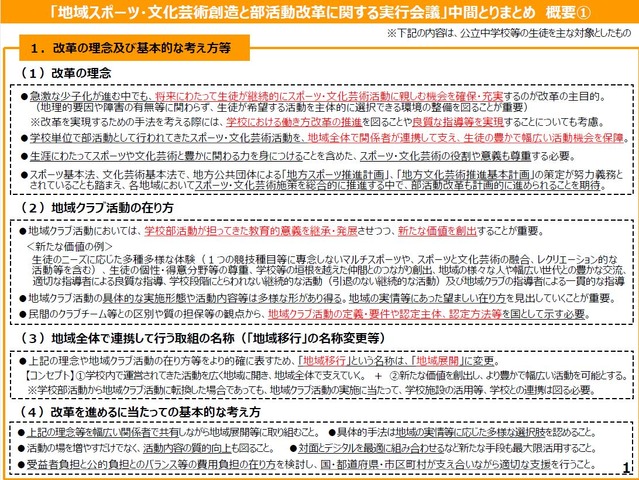 「地域スポーツ・文化芸術創造と部活動改革に関する実行会議」中間とりまとめ概要①