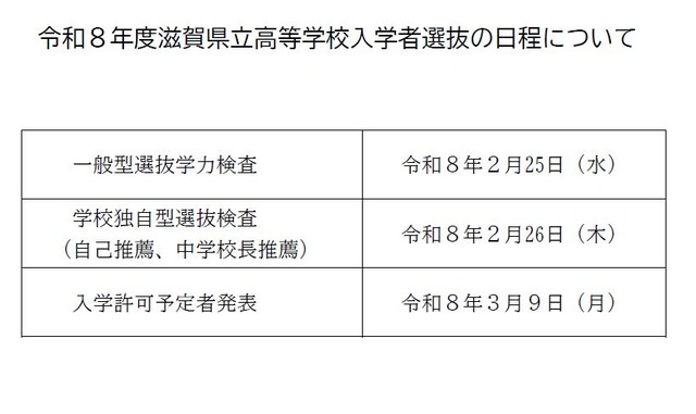 2026年度滋賀県立高等学校入学者選抜の日程