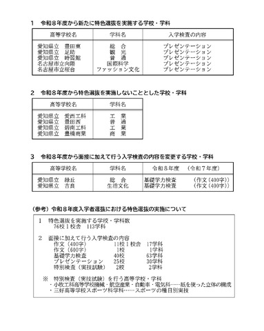 2026年度愛知県公立高等学校入学者選抜（全日制課程）「特色選抜」を実施する高等学校など