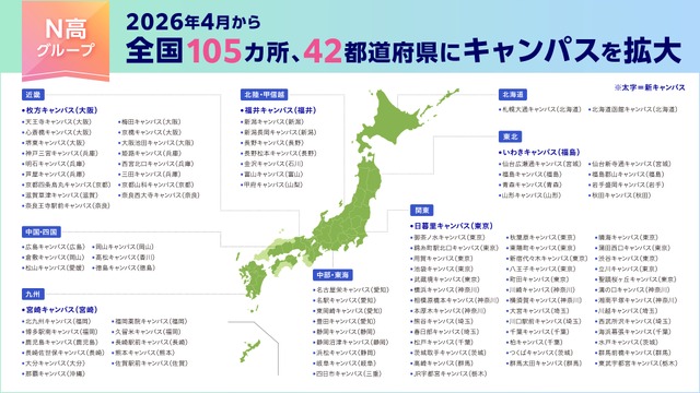 N高グループリアルキャンパス 2026年4月から全国105か所42都道府県に拡大