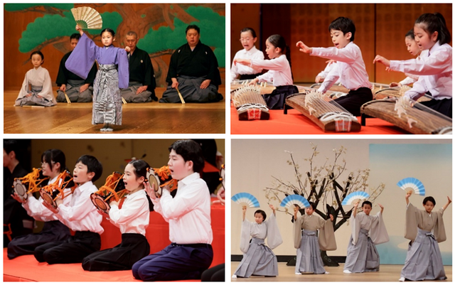 2024年度の発表会（上段左より）謡・仕舞（撮影：菅原康太）、箏曲（下段左より）小鼓、日本舞踊（撮影：武藤奈緒美）