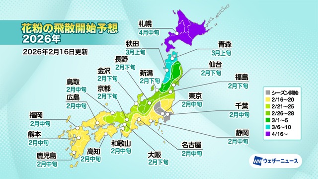花粉の飛散開始予想2026