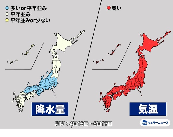 気象庁1か月予報の降水量・気温（4/18～5/17）