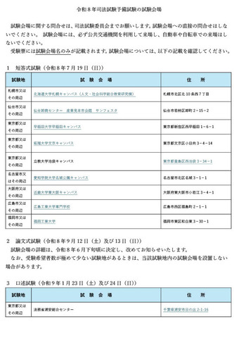 令和8年司法試験予備試験の試験会場