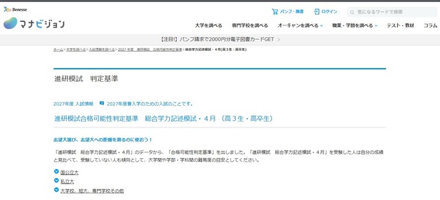 進研模試合格可能性判定基準　総合学力記述模試・4月（高3生・高卒生）