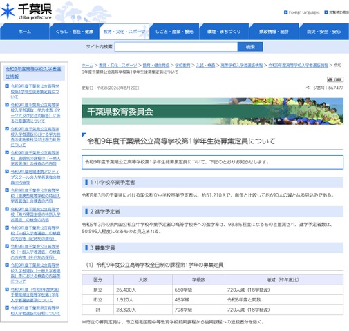 令和9年度 千葉県公立高等学校第1学年生徒募集定員について