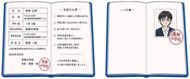 有効な事例…生徒手帳の個人情報とは別ページ（メモ欄など）の余白に写真が糊などで貼付され、写真に割印がされている場合