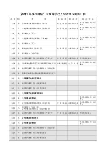 令和9年度秋田県公立高等学校入学者選抜関係日程