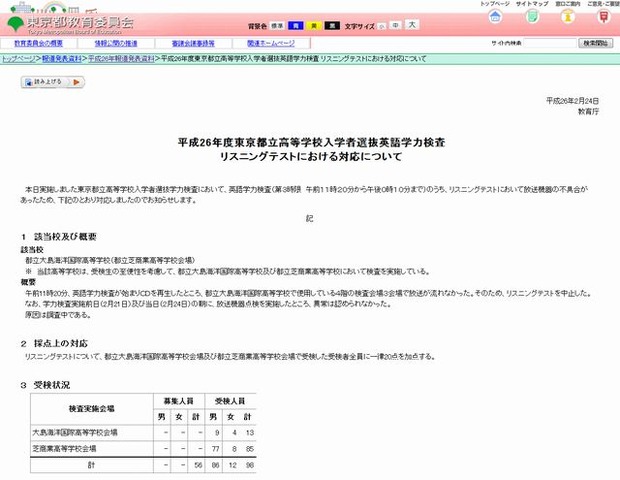 東京都教委の発表