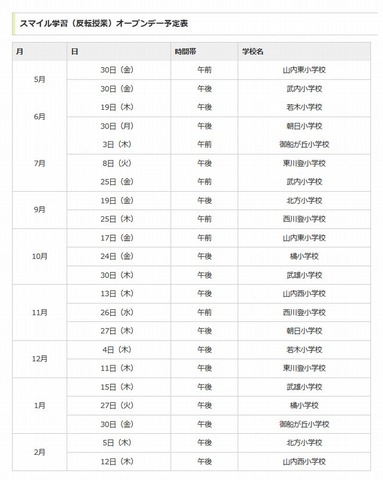 スマイル学習（反転授業）オープンデー予定表