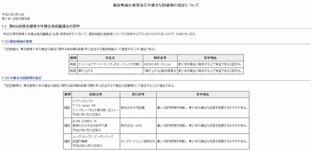 優良映画の推奨及び不健全な図書類の指定について