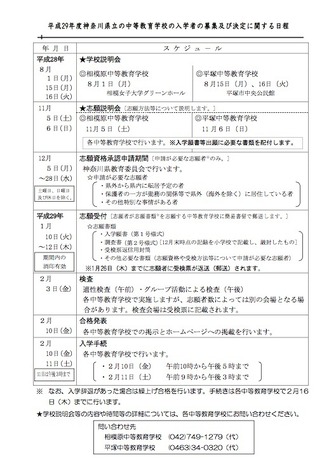 神奈川県立中等教育学校の入学者の募集および決定に関する日程