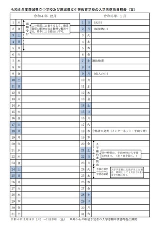 2023年度茨城県立中学校および茨城県立中等教育学校の入学者選抜日程表（案）