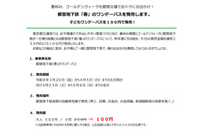 【春休み2026】都営地下鉄子供向けワンデーパス、100円で発売…GWも 画像