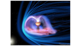 木星極域のX線オーロラが磁力線を介して木星の磁気圏とつながっているイメージ図