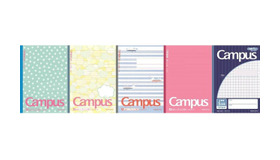 キャンパスノート（限定版パックノート）、左からみずたまキャンパス、ふきだしモチーフ、フィールドボーダー、ジューシーカラー、スポーツストライプ 代表色