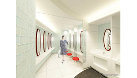 リニューアル後のトイレ（女性用パウダーコーナー）のイメージ。丸みを帯びたデザインが用いられる。