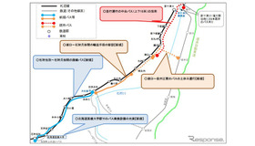 JR北海道が示した札沼線北海道医療大学～新十津川間の代替交通案。石狩月形駅以南には新規にバス路線を設定。同以北は既存のバス路線を活用する内容となっている。