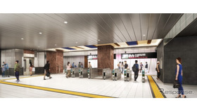 新綱島駅改札付近のイメージ。「綱島の街の移り変わりを感じる駅」をコンセプトに建設され、構内は1面2線でホームドアを設置。改札口1ヶ所、エレベーター2基、エスカレーター13基を備える。