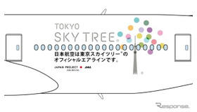 JAL×東京スカイツリージェット・ロゴについて---新しいタワーから生まれていく様々な「モノ」や「コト」、そこに集う人々のワクワクした気持ちをカラフルなドットで表現。タワーのシルエットと組み合わすことで、空へ伸びる「木」 に葉が繁り、花が咲き、豊かに果実が実る様子をデザインした。