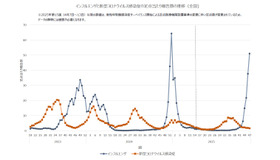 インフルエンザと新型コロナウイルス感染症の定点当たり報告数の推移（全国)