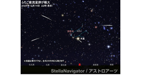 2025年12月14日午後10時（東京）のふたご座流星群のシミュレーション (c) アストロアーツ