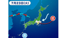 7月23日、東京・世田谷区を中心に局地的な豪雨をもたらした際の天気図