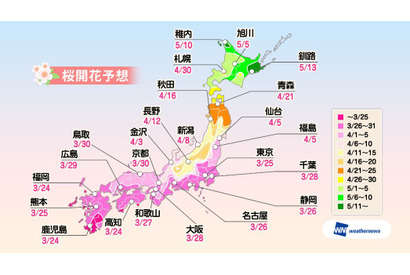 九州、関東などで3/24から桜開花…入学式に満開のエリアは？ 画像