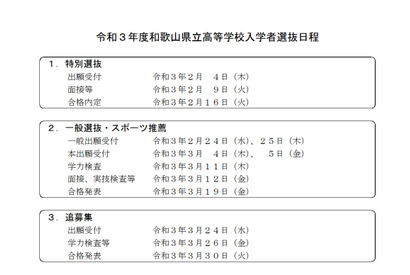 【中学受験2021】【高校受験2021】和歌山県立中・高の選考日程発表 画像