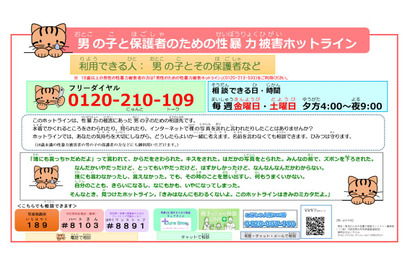 男児・男性のための性暴力被害ホットライン開設、内閣府 画像