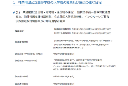 【高校受験2025】神奈川県公立高入試の日程…学力検査2/14 画像