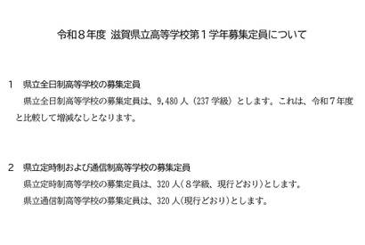 【高校受験2026】滋賀県立高、募集定員9,480人…増減なし 画像