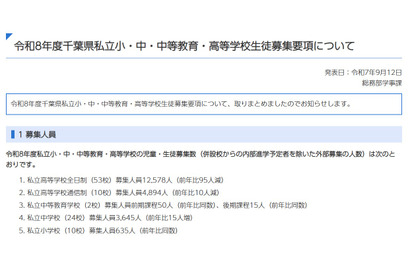 【小学校受験2026】【中学受験2026】【高校受験2026】千葉県、私立学校の生徒募集要項を公表 画像
