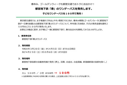 【春休み2026】都営地下鉄子供向けワンデーパス、100円で発売…GWも 画像