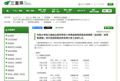 【高校受験2026】三重県立高、再募集の合格発表…追加募集は定時制11校が実施 画像
