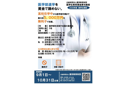 私立医学部なら初年度810万円を無利子で貸与…重田教育財団 画像