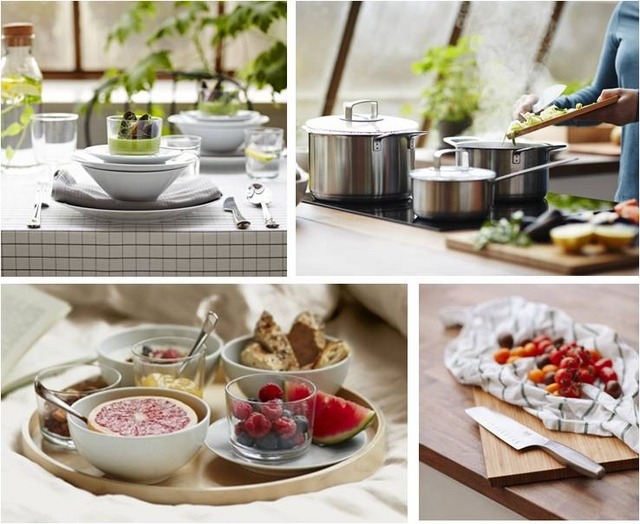 「IKEA365+ シリーズ」プレート 199円、調理器具6点セット 8,999円、ボウル 9センチ 299円／2ピース、グラス 18cl  499円／6ピース、ベジタブルナイフ 2,799円