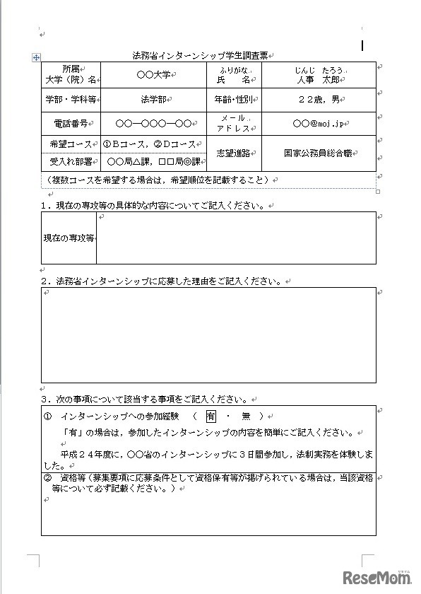 学生調査票（記載例）