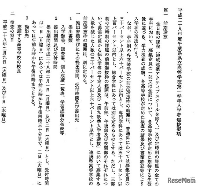平成28年度　千葉県立高等学校入学者選抜要項