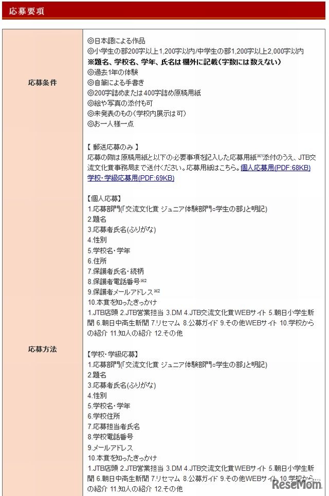 ジュニア体験部門の応募要項（一部）