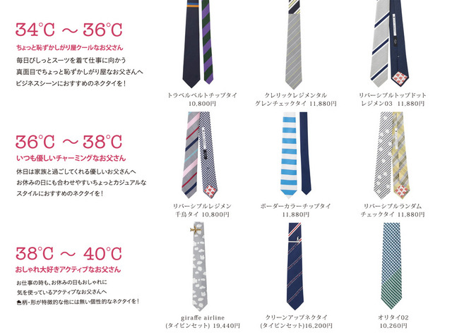 「giraffe（ジラフ）」では、お父さんの体温別にネクタイをラインナップ。