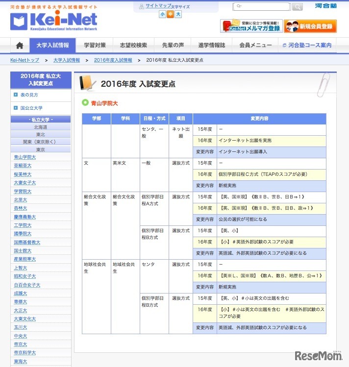 青山学院大学の入試変更点