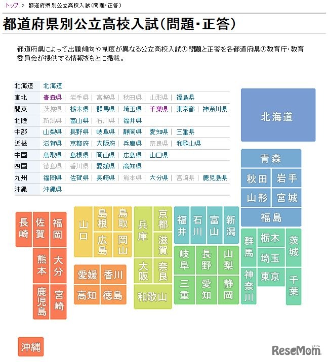 都道府県別公立高校入試（問題・正答）