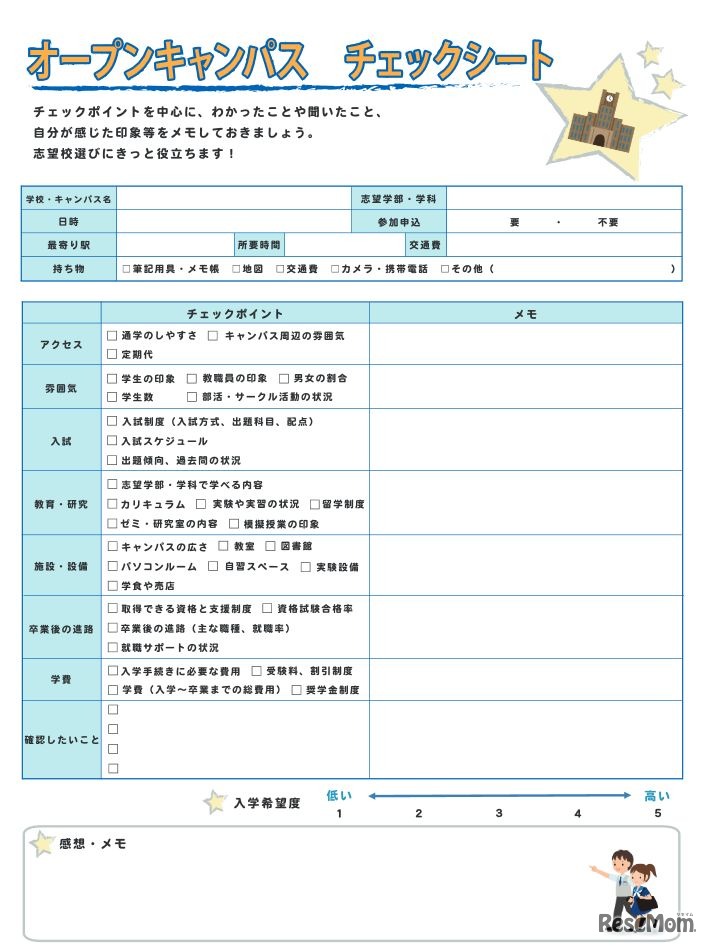 オープンキャンパスチェックシート