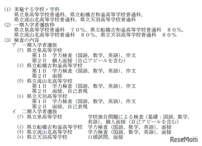 地域連携アクティブスクールの一期入学者選抜および二期入学者選抜