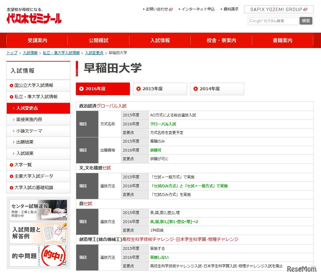 早稲田大学の入試変更点