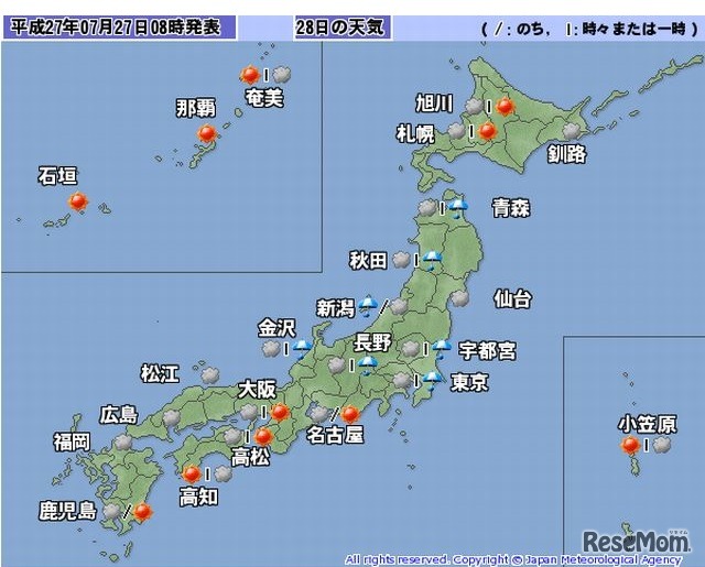 7月28日の全国の天気予報（7月27日8時発表）