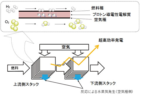プロトン導電性電解質と電気化学的2段酸化の模式図